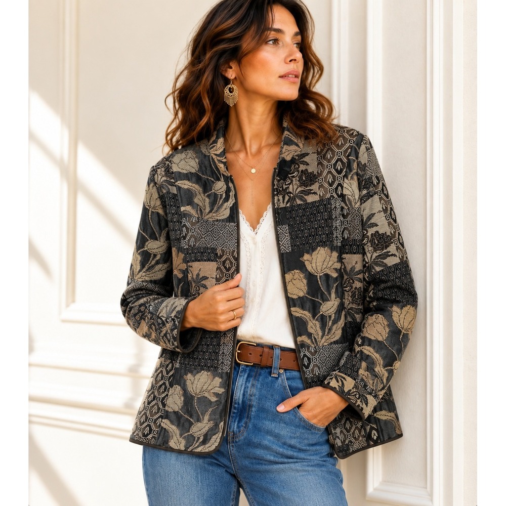 VTG 90s Preswick & Moore Patchwork Floral Tapestry Jacket Women 2X Gray Cottage